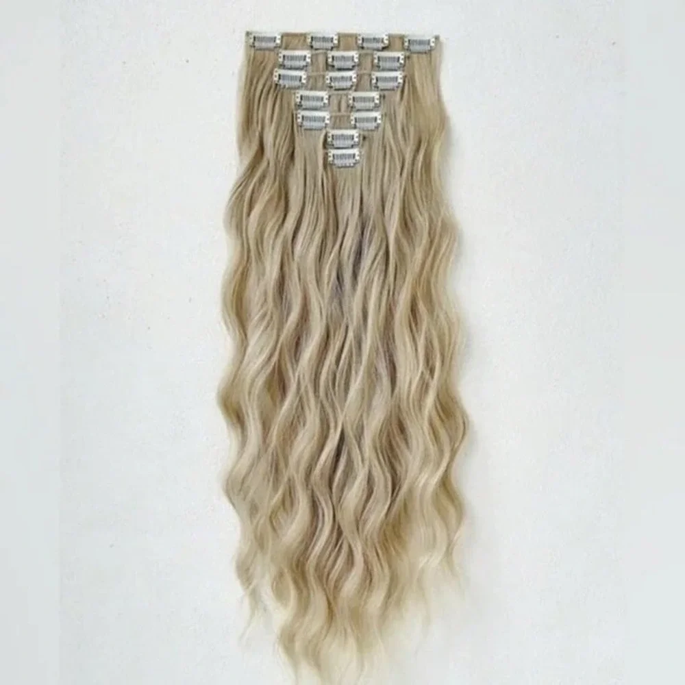 24 In Clip in light Ash Blonde Wavy Hair Extensions Human hair blend
